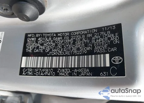 2014 Toyota Prius Two z USA, uszkodzony, nr VIN JTDKN3DUXE1752279